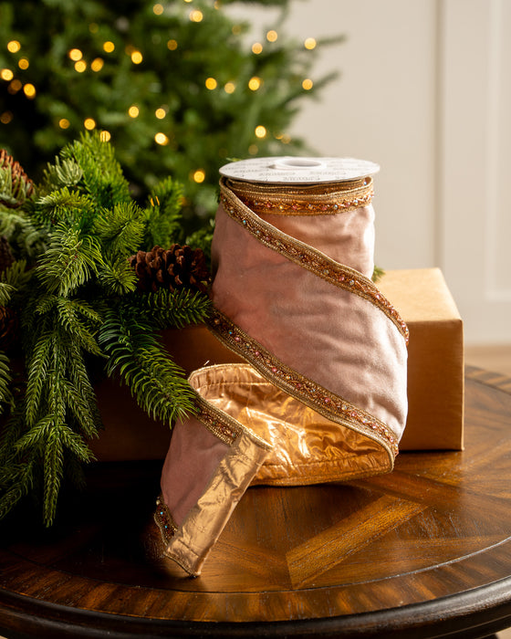 4" X 5YD Rose Velvet Ribbon With Rose Gold Jewel Trim