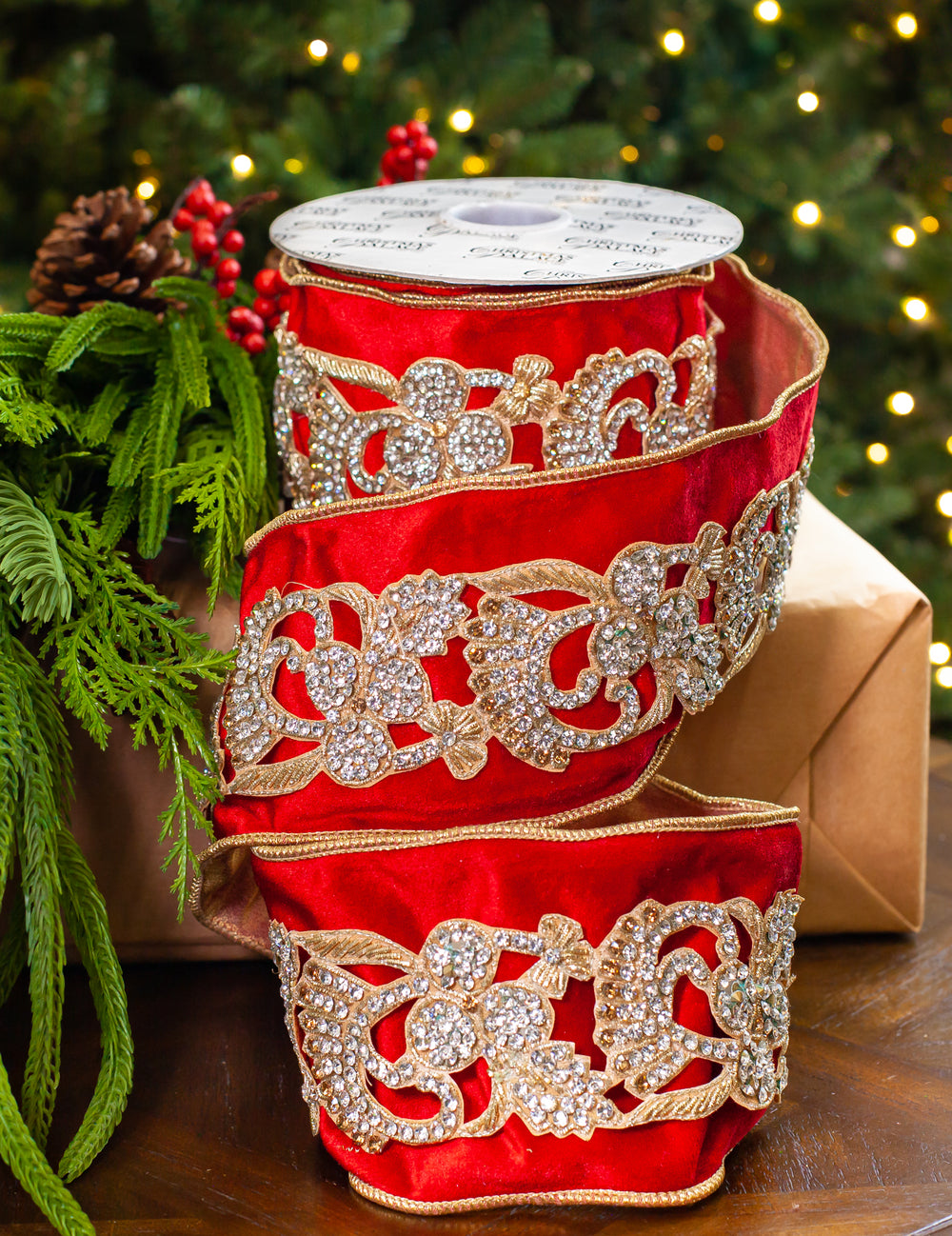 4" X 5YD Red Velvet Jewel Trim With Sheer Gold Back Ribbon