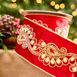 4" X 5YD Red Velvet Ribbon With Gold & Pearl Center