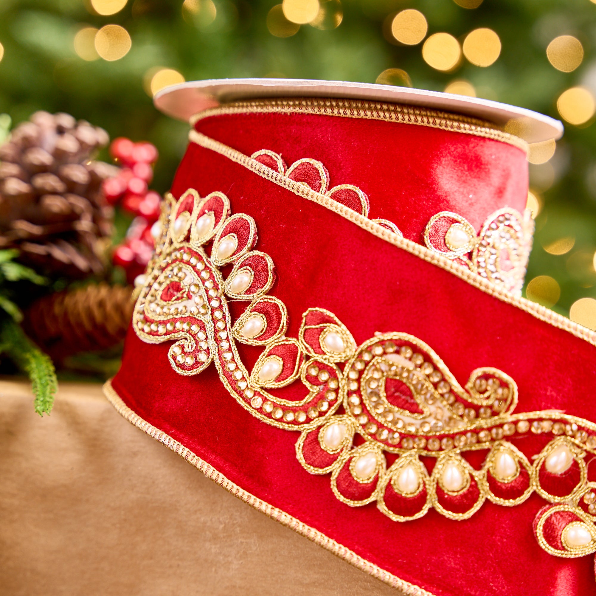 4" X 5YD Red Velvet Ribbon With Gold & Pearl Center