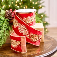 4" X 5YD Red Velvet Ribbon With Gold & Pearl Center
