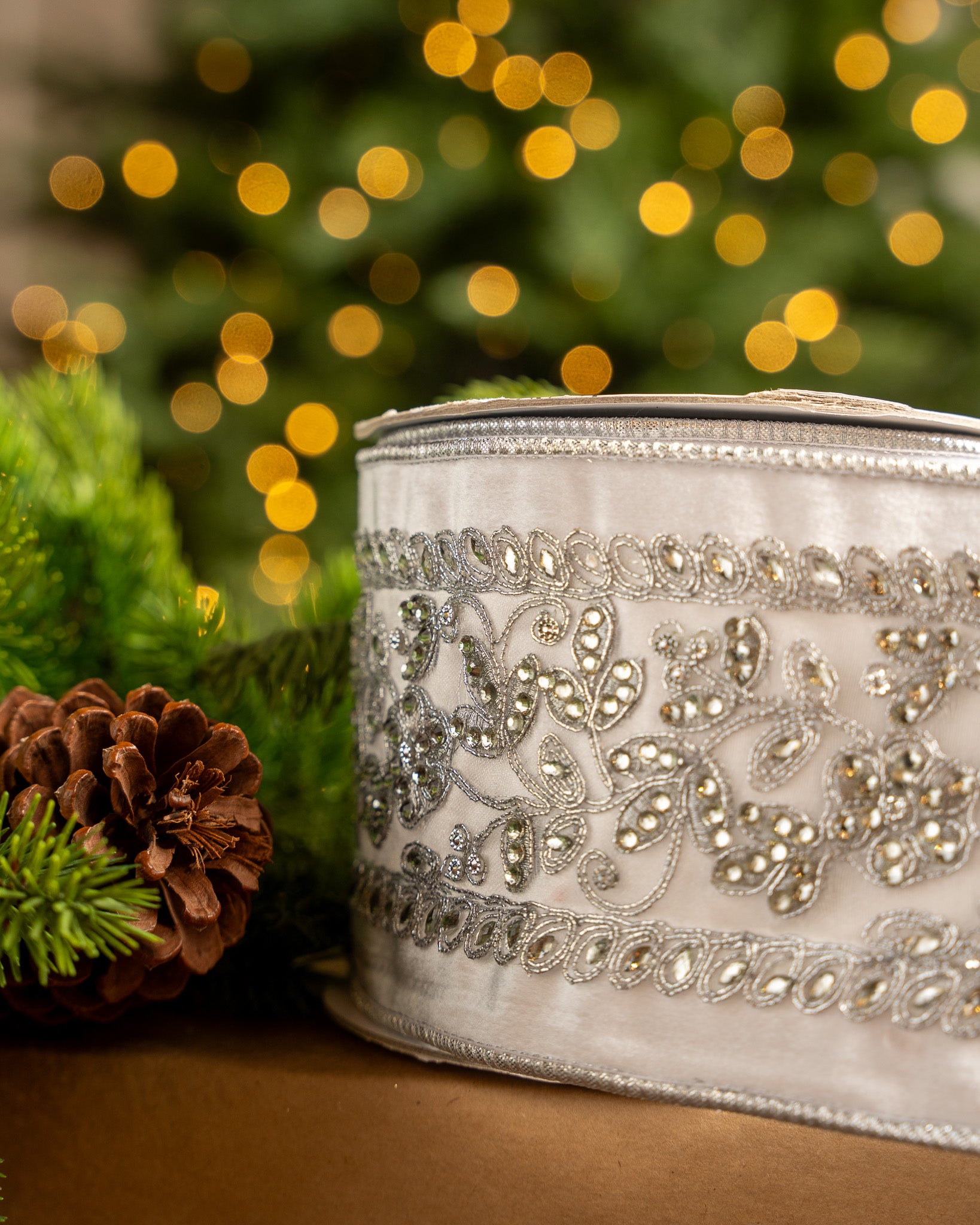 4" X 5YD White Velvet Ribbon Beaded In Silver