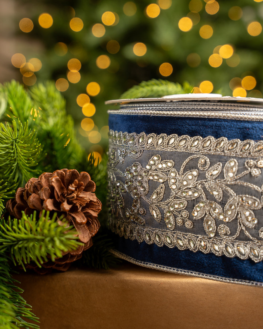 4" X 5YD Navy Velvet Ribbon Beaded In Silver