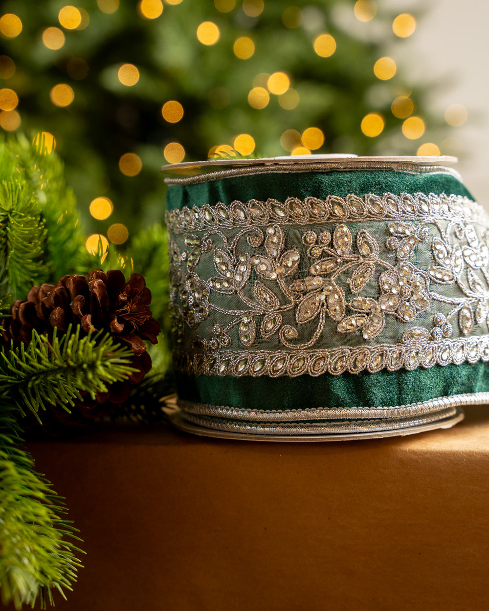 4" X 5YD Emerald Velvet Ribbon Beaded In Silver