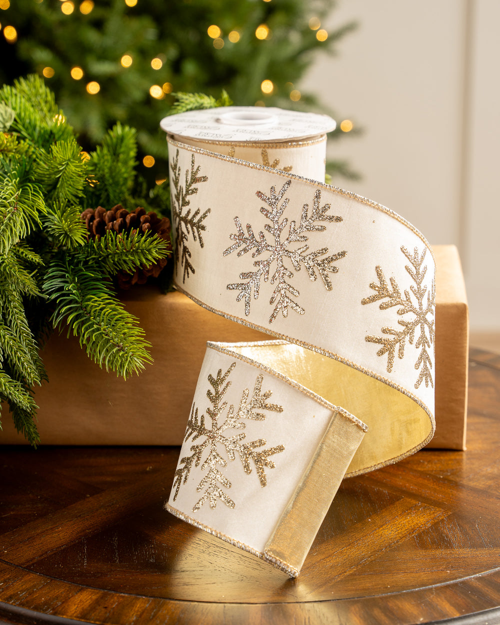 4" X 10YD Ivory Ribbon With Gold Glitter Snowflake