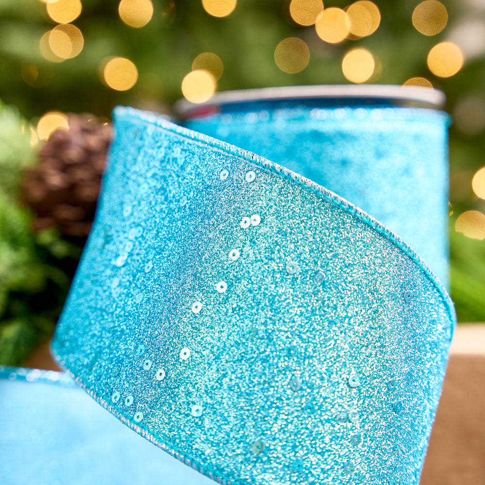 4" X 10YD Turquoise Full Glitter & Sequin Ribbon