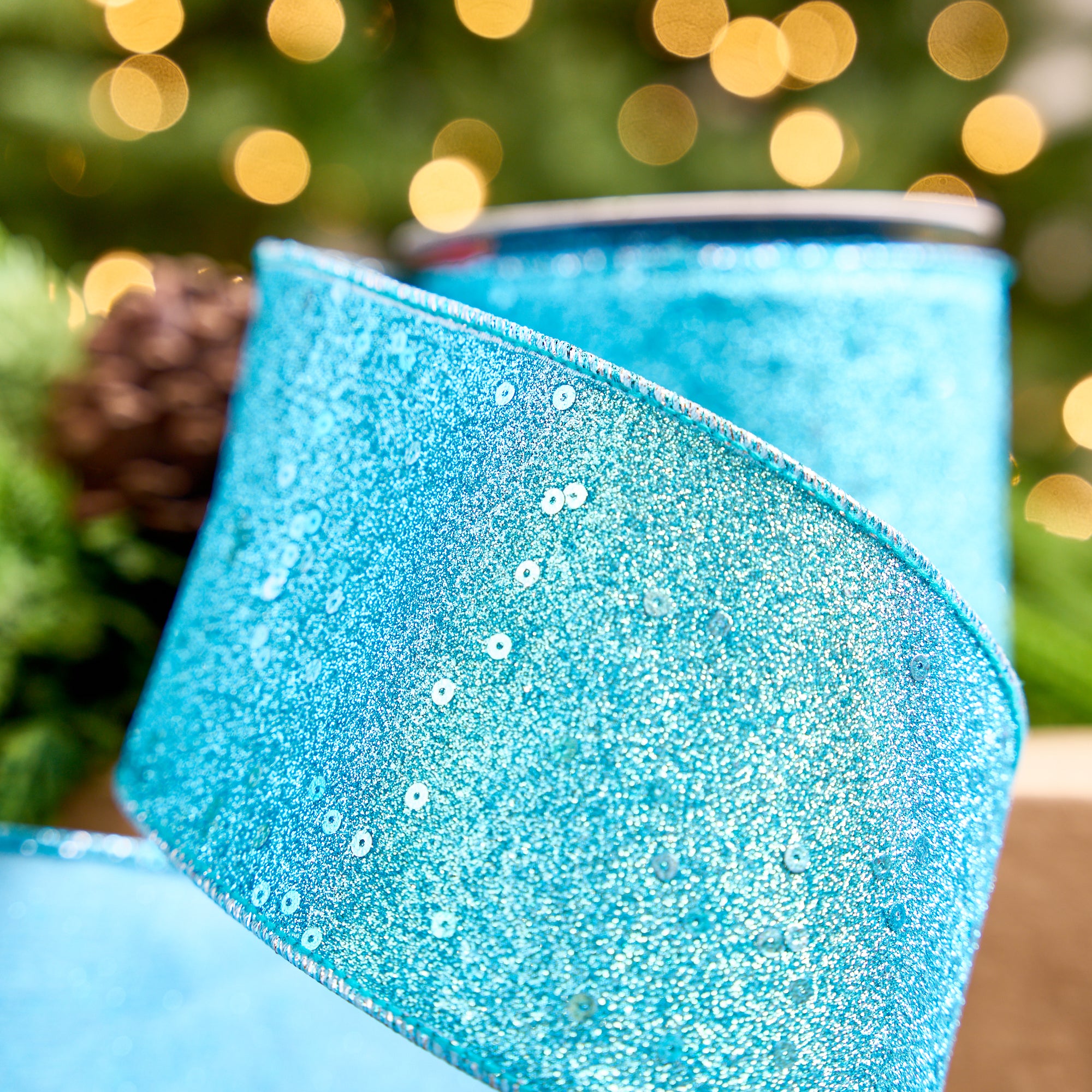 4" X 10YD Turquoise Full Glitter & Sequin Ribbon