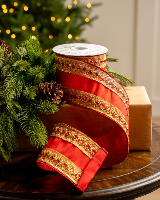 4" X 5YD Red Ribbon With Red Jewels On Gold Trim