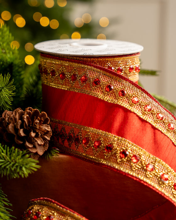 4" X 5YD Red Ribbon With Red Jewels On Gold Trim