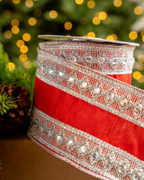 4" X 5YD Red Ribbon With Silver Trim With Jewels