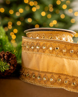 4" X 5YD Gold Ribbon With Beaded Trim