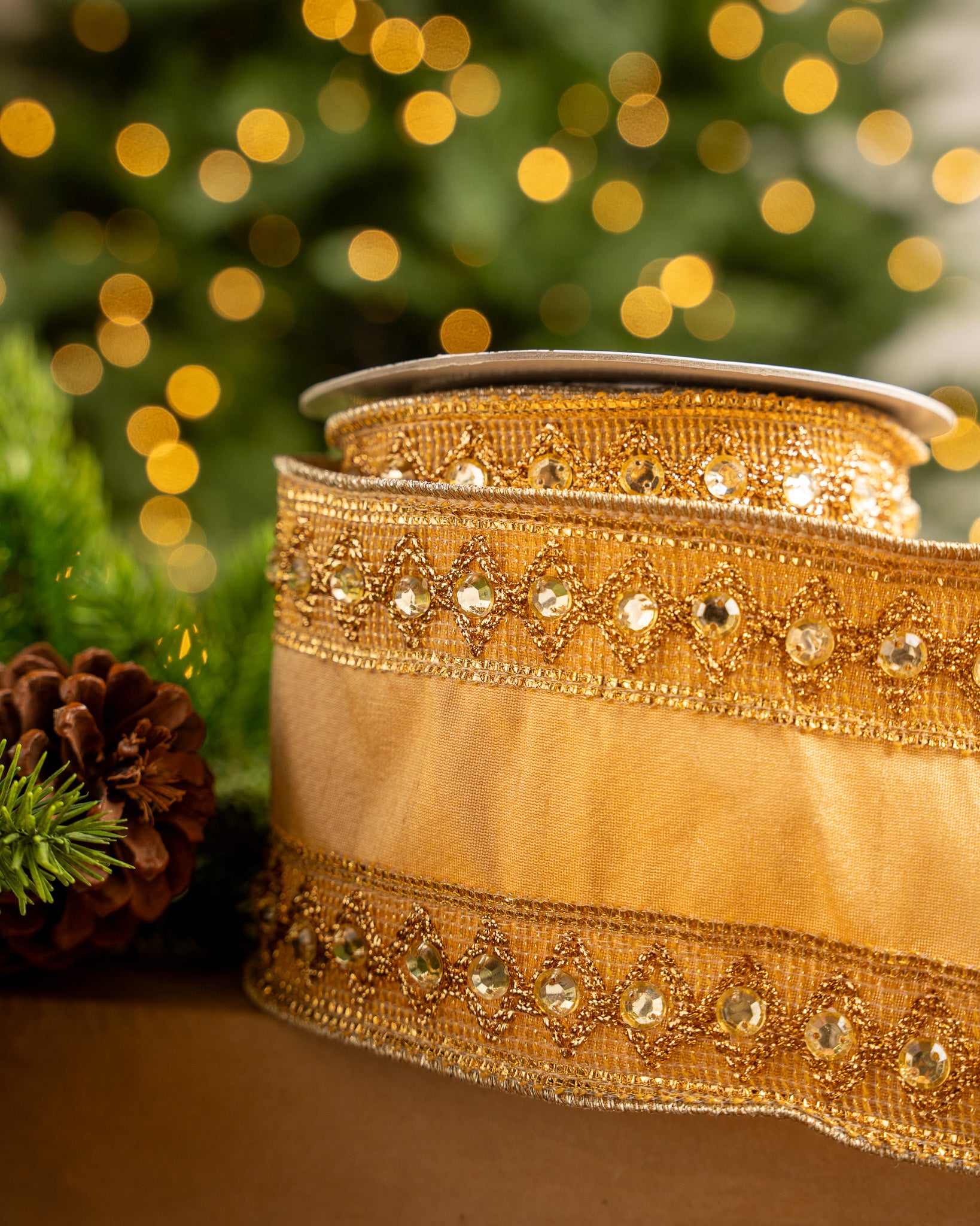 4" X 5YD Gold Ribbon With Beaded Trim