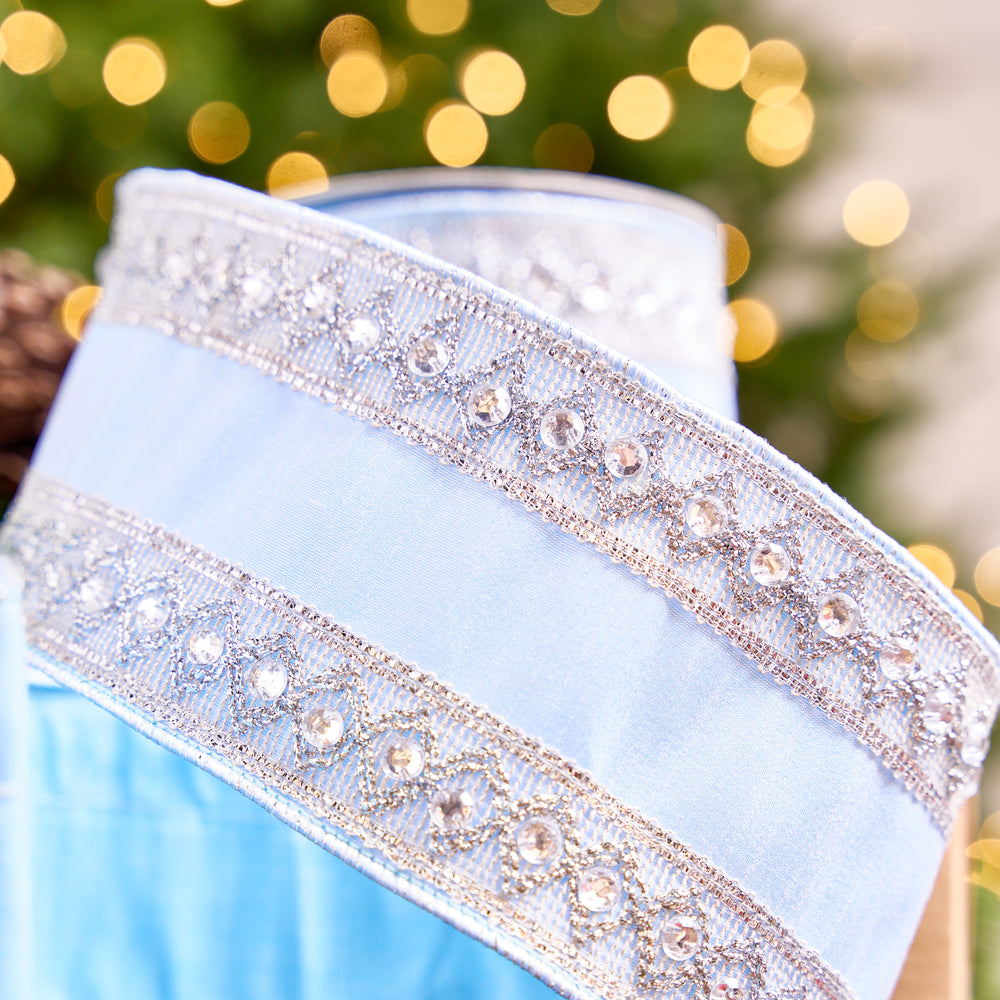 4" X 5YD Light Blue & Silver Beaded Jewel Trim Ribbon