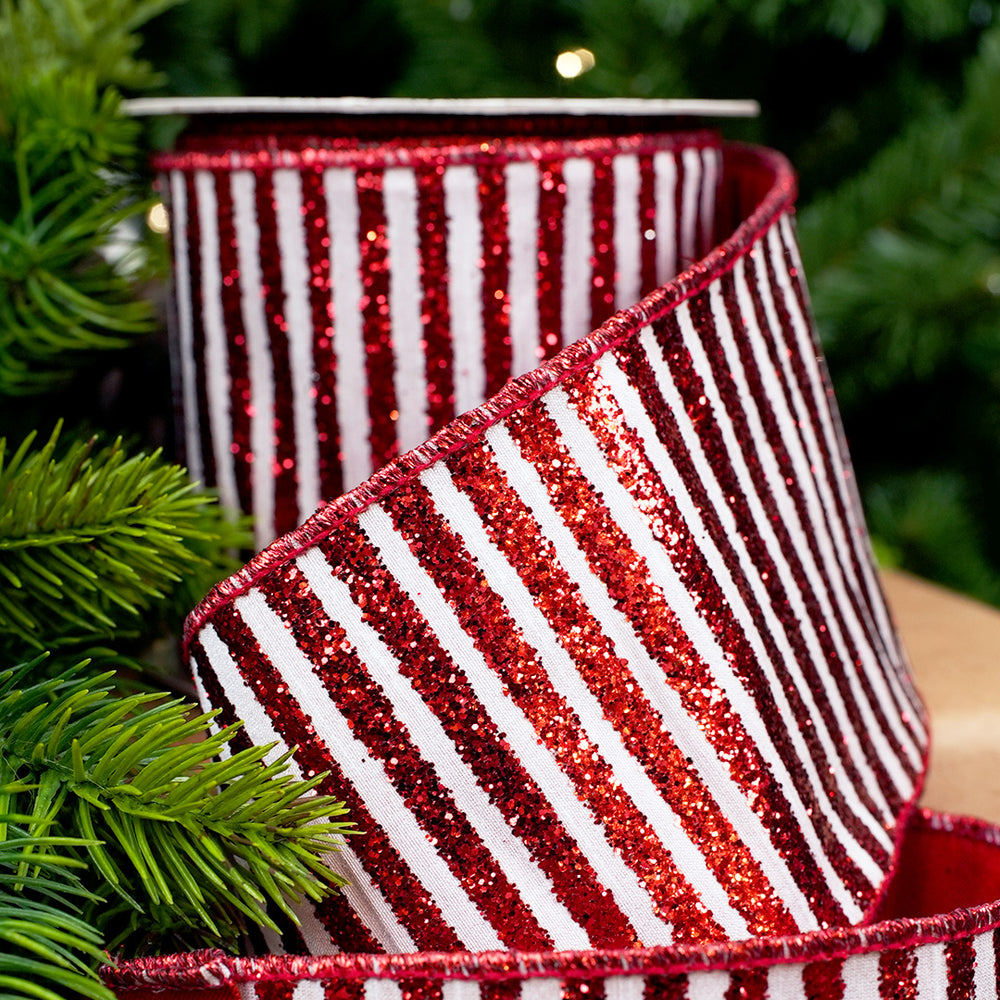 4" X 10YD Red & White Glitter Stripe Ribbon