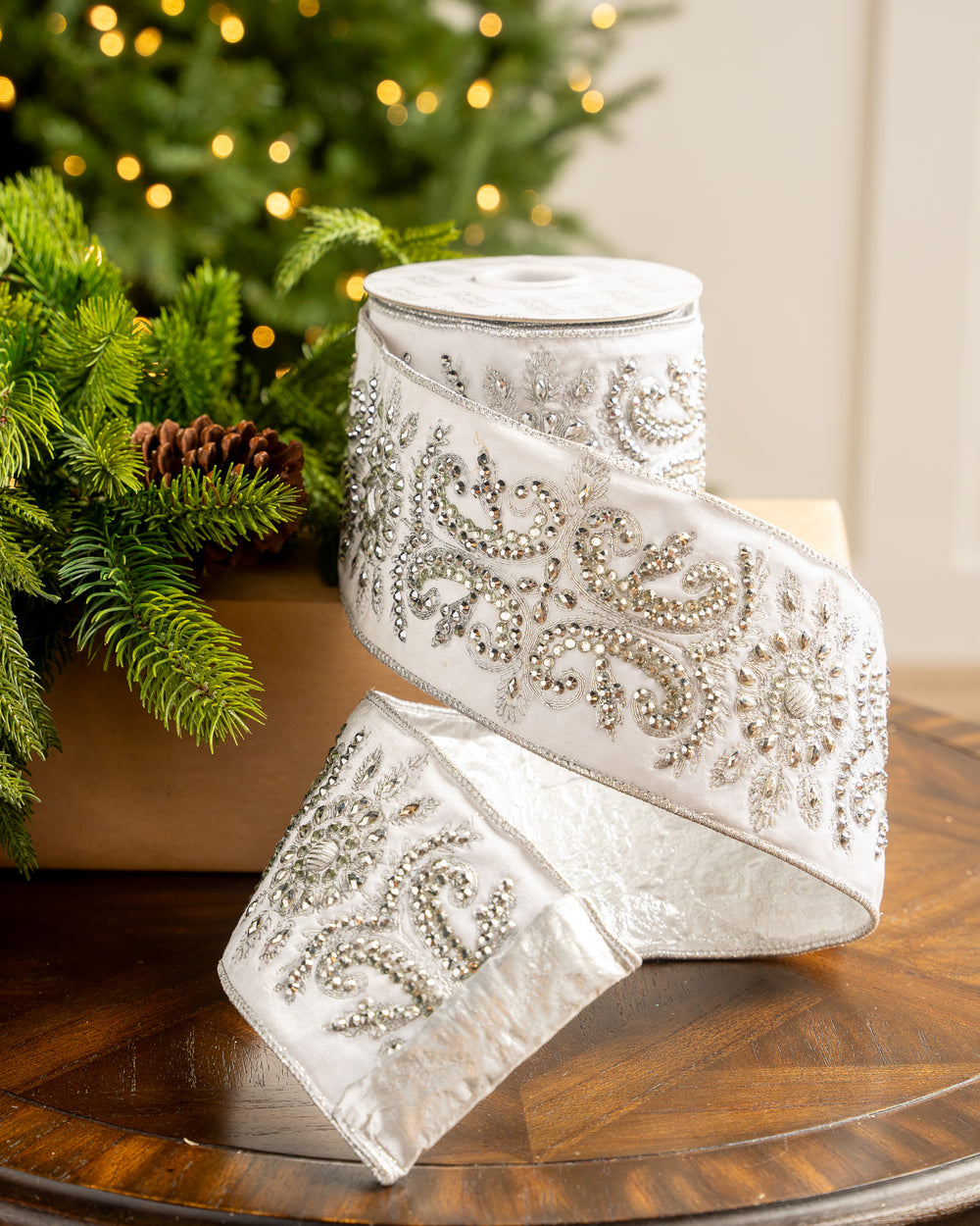 4" X 5YD White Velvet Ribbon With Silver Beaded Jewels