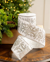 4" X 5YD White Velvet Ribbon With Silver Beaded Jewels