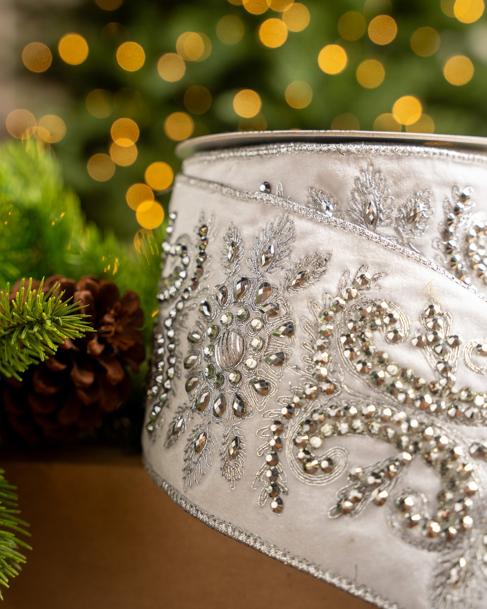 4" X 5YD White Velvet Ribbon With Silver Beaded Jewels