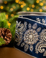 4" X 5YD Navy Velvet Ribbon With Silver Beaded Jewels