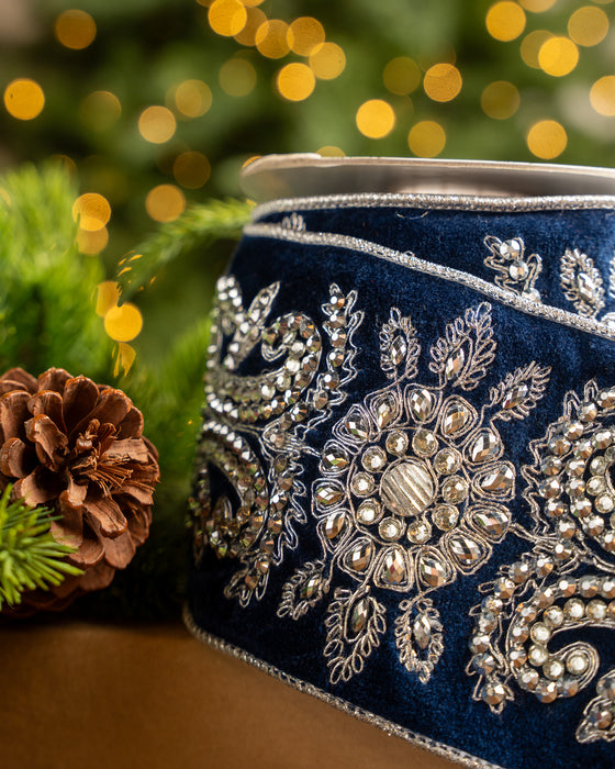 4" X 5YD Navy Velvet Ribbon With Silver Beaded Jewels