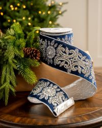 4" X 5YD Navy Velvet Ribbon With Silver Beaded Jewels