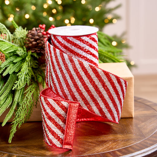 4" X 10YD Red & Silver Striped Tinsel Ribbon