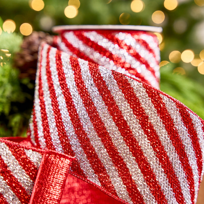 4" X 10YD Red & Silver Striped Tinsel Ribbon