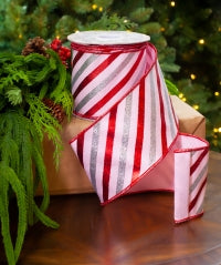 4" X 10YD Pink, Red, & Silver Striped Glitter Ribbon