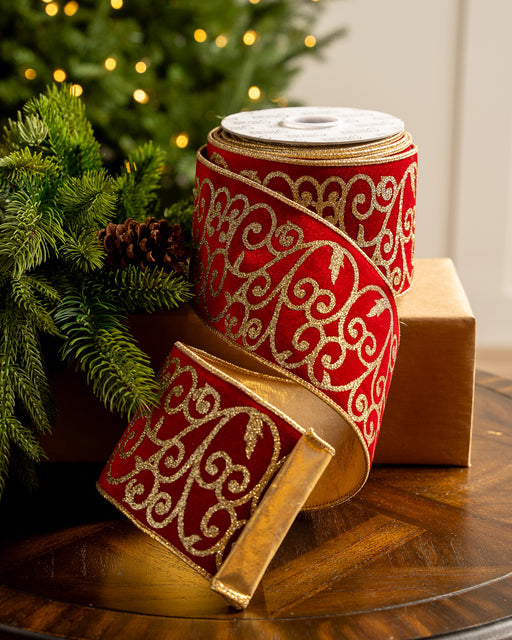 4" X 10YD Red Velvet Ribbon With Glitter Gold Scroll
