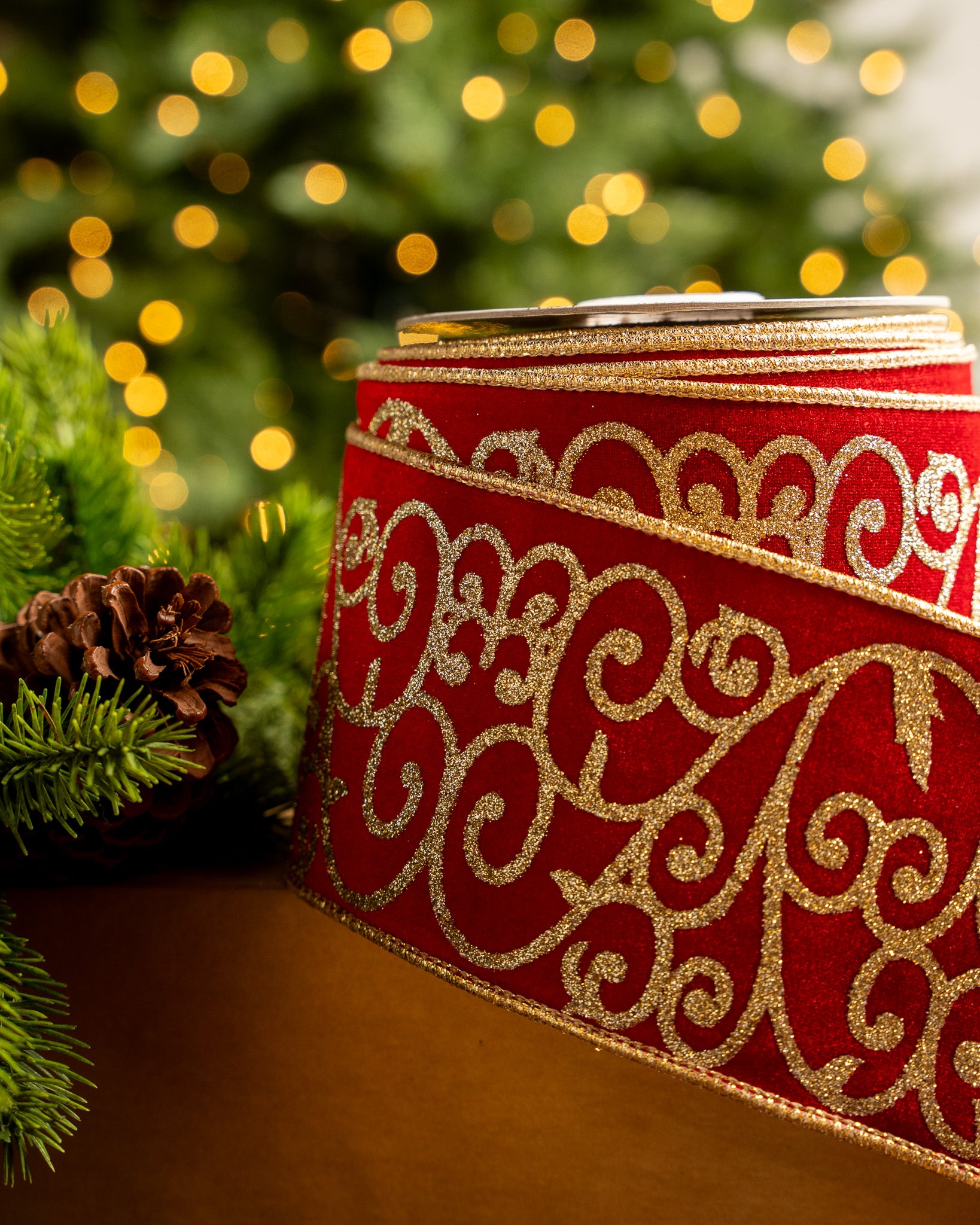 4" X 10YD Red Velvet Ribbon With Glitter Gold Scroll
