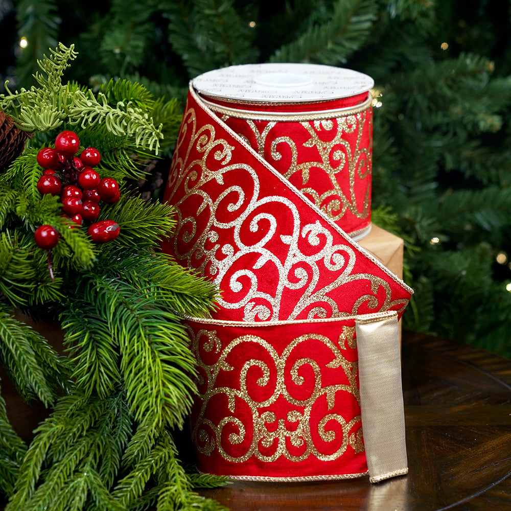 4" X 10YD Red Velvet Ribbon With Glitter Gold Scroll