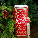 4" X 10YD Red Velvet Ribbon With Glitter Gold Scroll