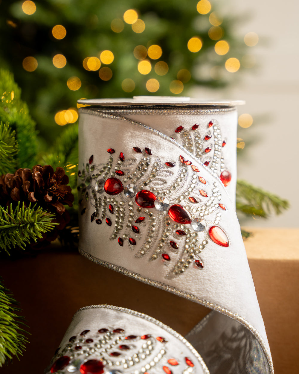 4" X 5YD White Velvet Ribbon With Red Jewels