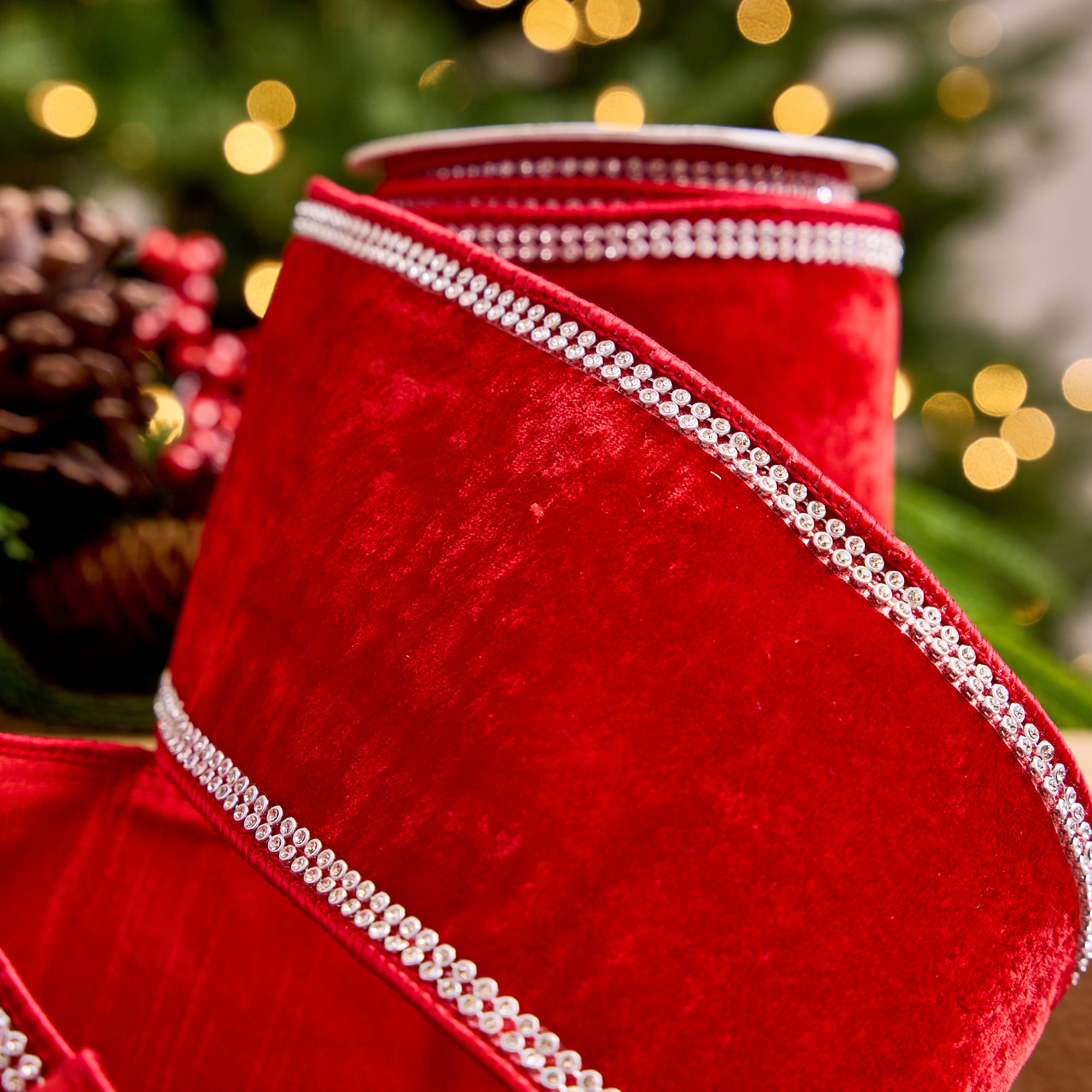 4" X 5YD Red Velvet Swarovski Trim Ribbon