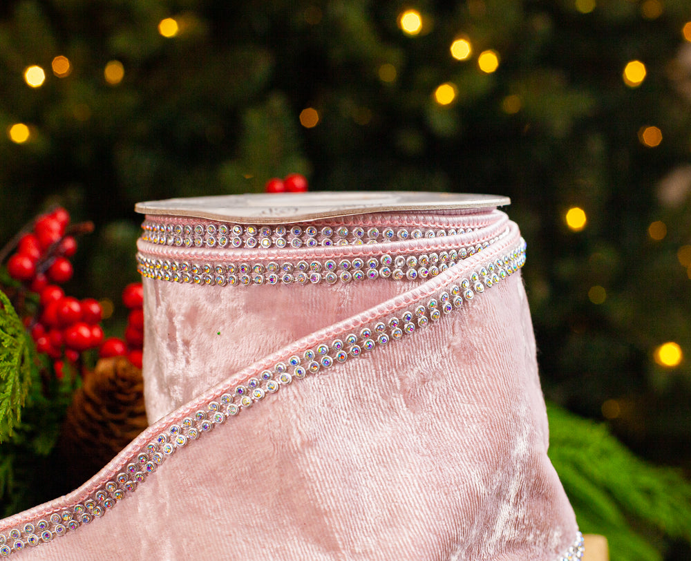 4" X 5YD Pink Velvet Ribbon With Swarovski Trim