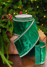 4" X 5YD Emerald Velvet Swarovski Trim Ribbon