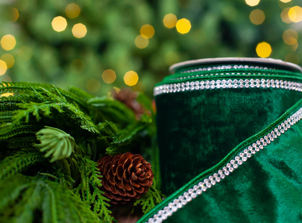 4" X 5YD Emerald Velvet Swarovski Trim Ribbon
