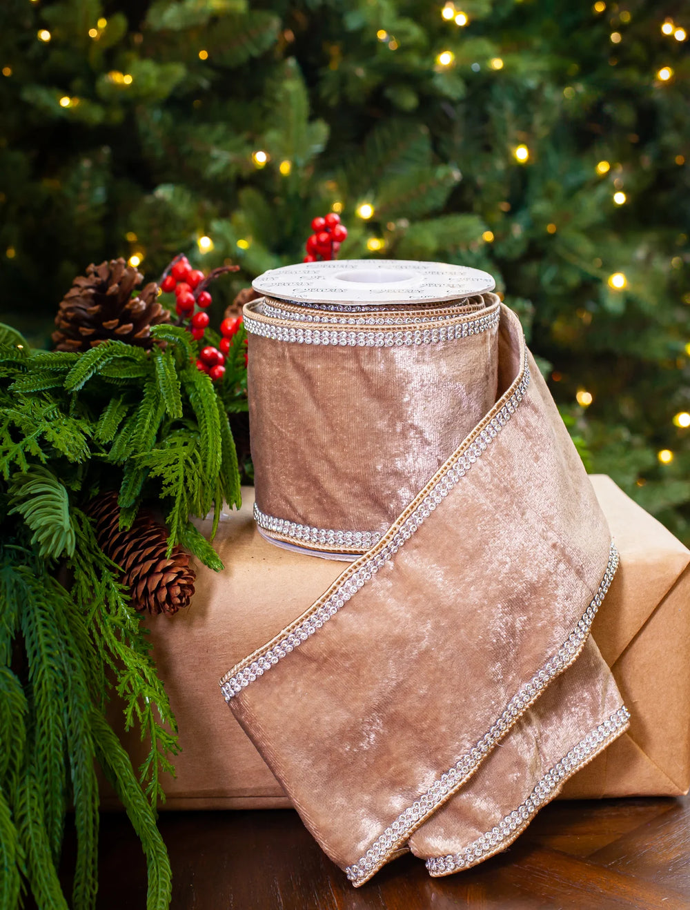 4" X 5YD Platinum Velvet Swarovski Trim Ribbon