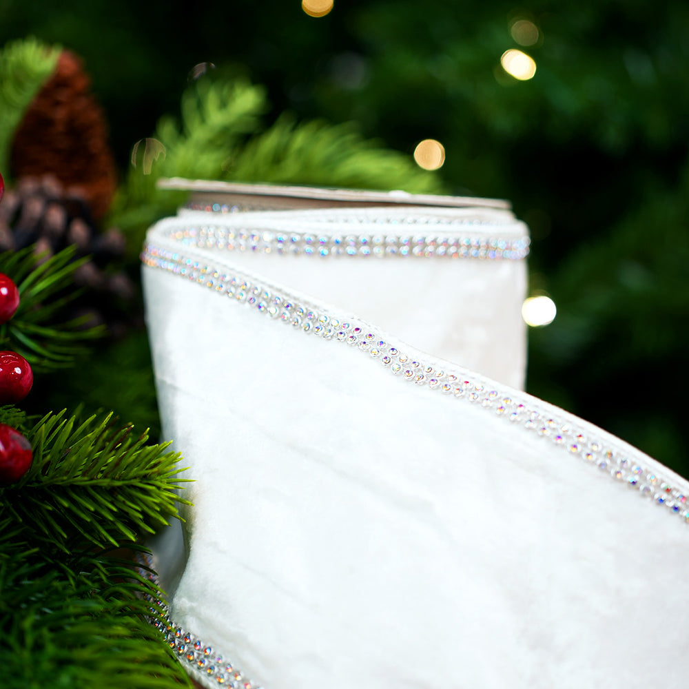 4" X 5YD White Velvet Swarovski Trim Ribbon