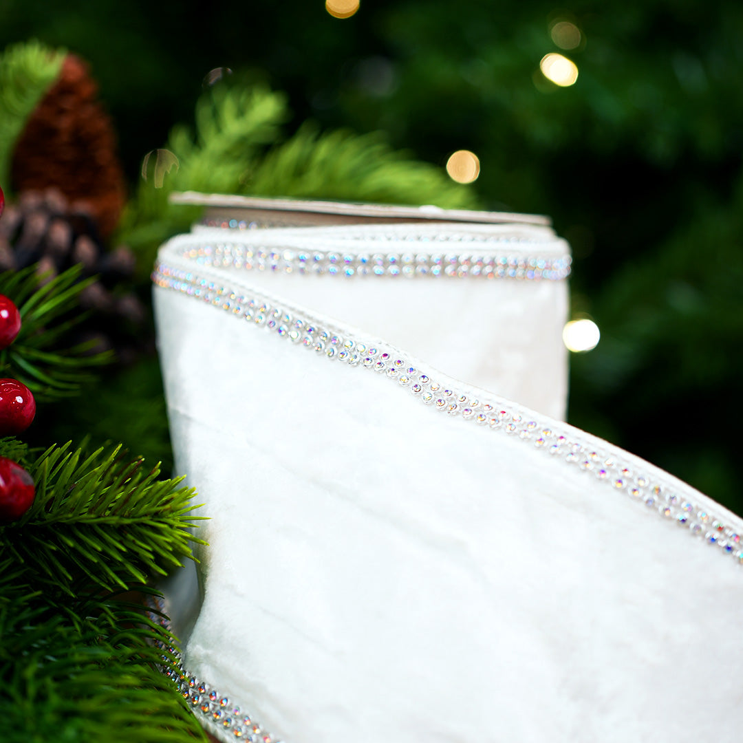 4" X 5YD White Velvet Swarovski Trim Ribbon