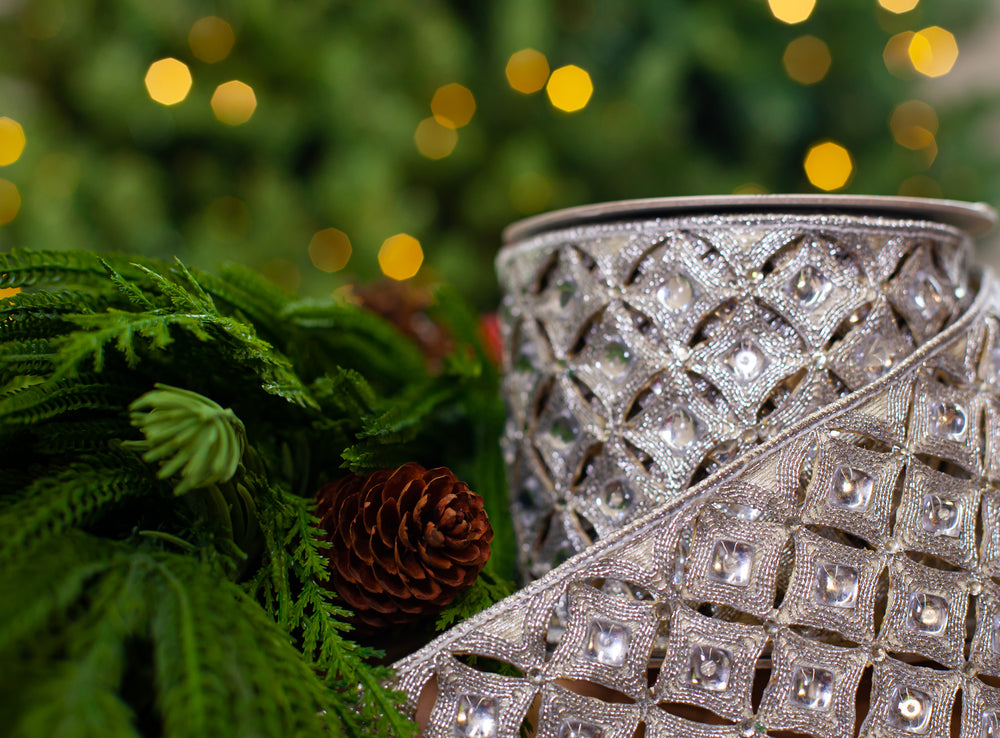 4" X 5YD Silver Beaded Jewel Trim Ribbon