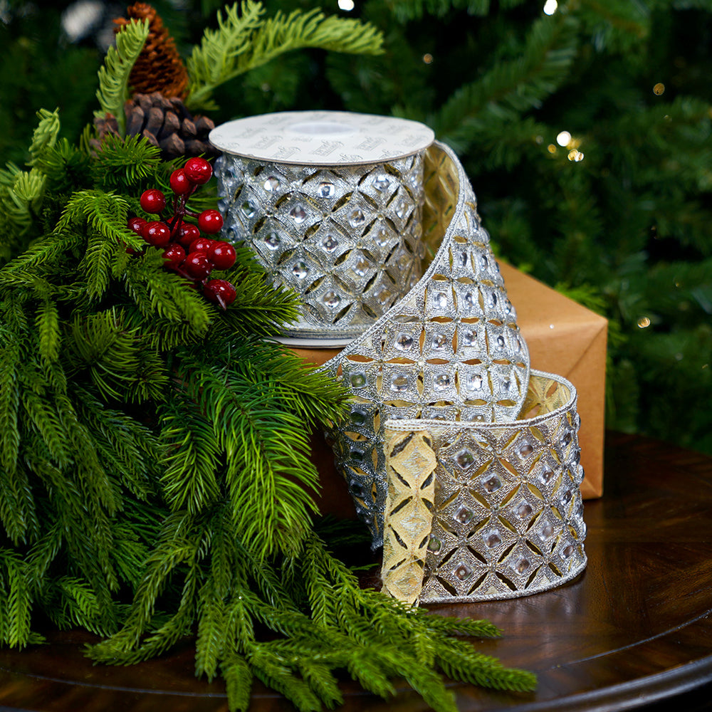 4" X 5YD Silver Beaded Jewel Trim Ribbon