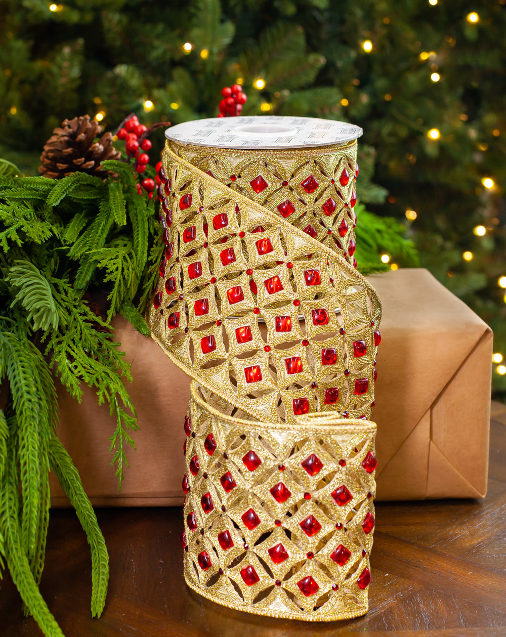 4" X 5YD Gold Beaded With Red Jewel Trim Ribbon