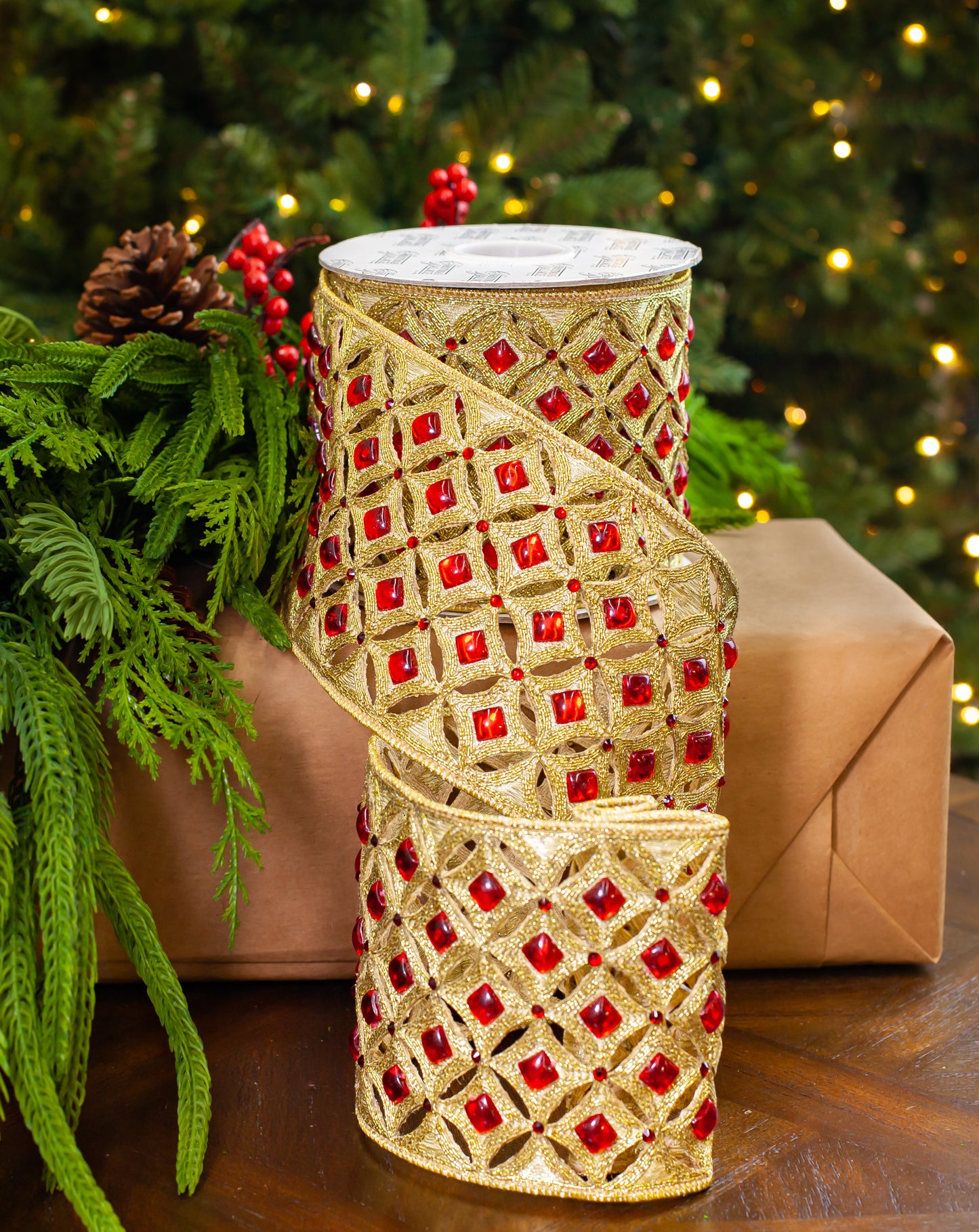 4" X 5YD Gold Beaded With Red Jewel Trim Ribbon