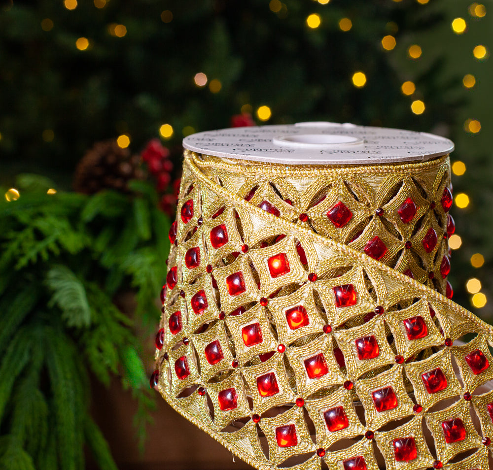 4" X 5YD Gold Beaded With Red Jewel Trim Ribbon