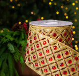 4" X 5YD Gold Beaded With Red Jewel Trim Ribbon
