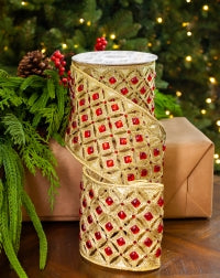4" X 5YD Gold Beaded With Red Jewel Trim Ribbon