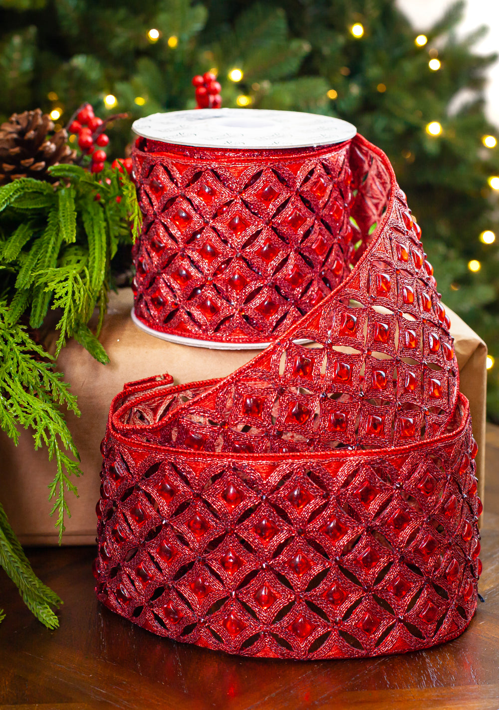 4" X 5YD Red Beaded Jewel Ribbon