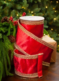 4" X 5YD Red Velvet Beaded Trim Edge Ribbon