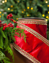 4" X 5YD Red Velvet Beaded Trim Edge Ribbon