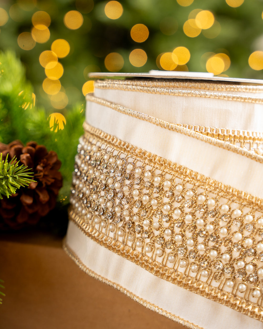 4" X 5YD White Ribbon With Lattice Pearls